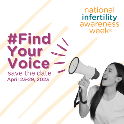 Woman with a megaphone calling out #Find Your Voice for National Infertility Awareness Week 2023 | Reproductive Science Center of New Jersey