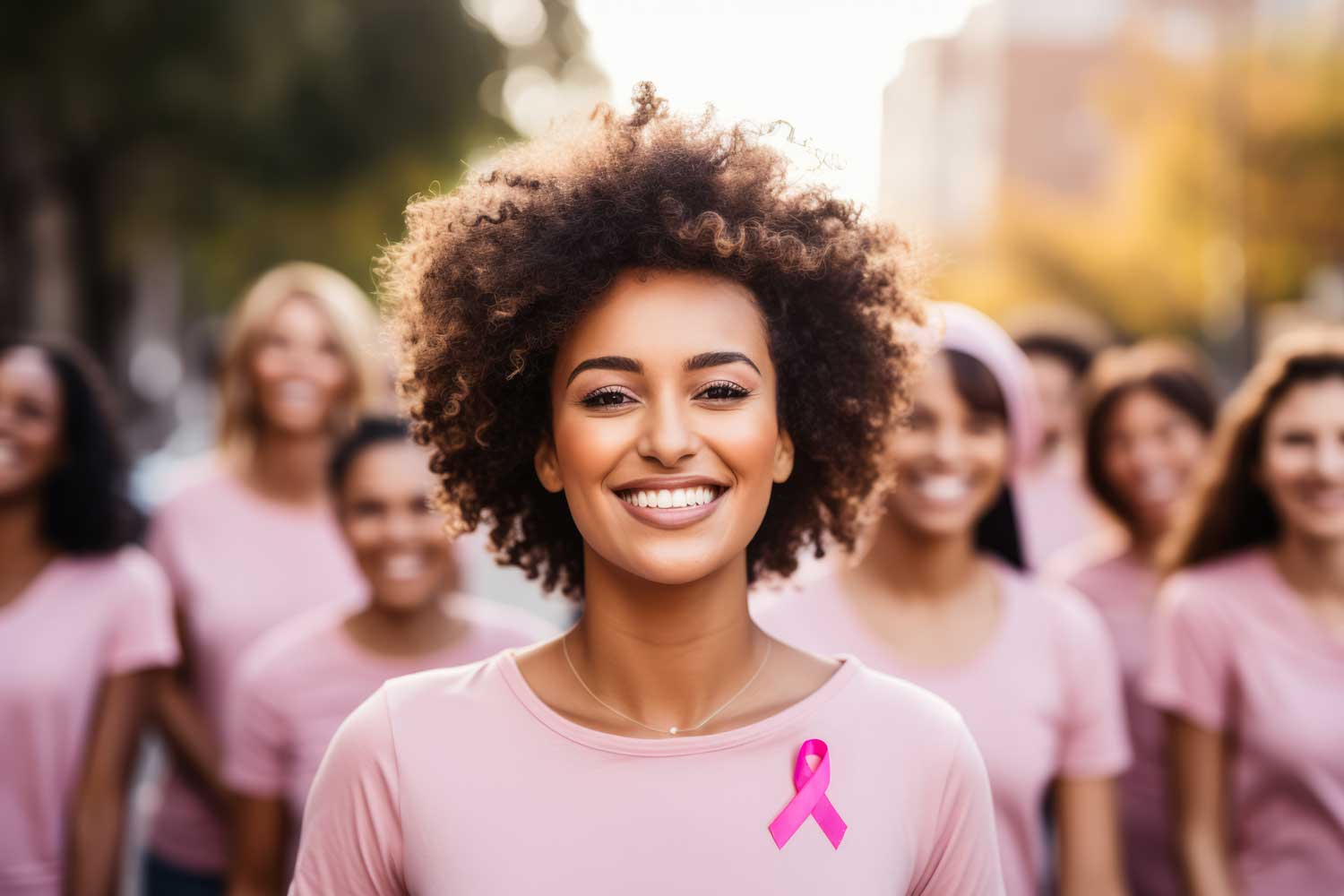Group of women wearing pink gather for Breast Cancer Awareness Walk
